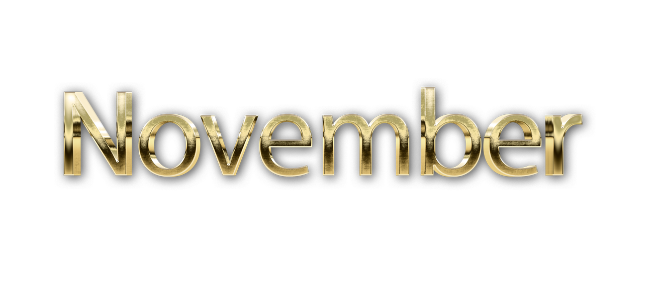 NOVEMBER month name word NOVEMBER gold 3D text typography PNG images free